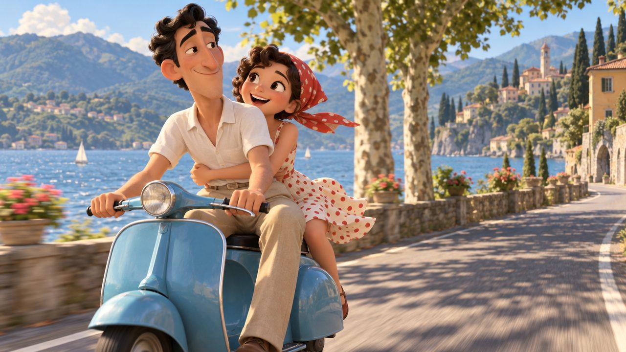 Pietro e Rosa sullo scooter lungo il lago